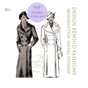 INSTANT DOWNLOAD 1930s 30s Vintage Sewing Pattern Wide Lapel Double Breasted Reefer Coat 34&quot; Bust Womens Sewing Patterns PDF Reproduction