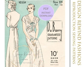 Instant Download 1930s NIGHTGOWN PATTERN Vintage Floor Length Lingerie Negligee Pattern 38 Bust 30s Womens Sewing Patterns Reproduction PDF