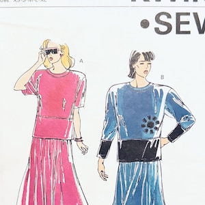 Vintage Kwik Sew 1933 Pullover Loose Fitting Long or Short Sleeve Tops, Pull-Up Skirt Sewing Pattern Size XS-S-M-L-XL Bust 31.5 - 45 UNCUT
