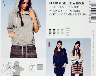 BURDA 7148 Sweatshirt Hoodie Top Drawstring Sweater Sweatshirt Dress & Jersey Knit Skirt Size 6 to 18 UNCuT Womens Sewing Patterns