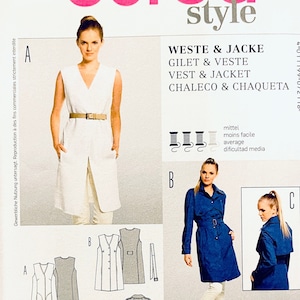 May include: A Burda Style sewing pattern for a vest or jacket. The pattern includes sizes 36 to 48 and 10 to 22. The pattern is for a white vest, a blue jacket, and a gray jacket. The text on the pattern reads "Weste & Jacke, Gilet & Veste, Vest & Jacket, Chaléco & Chaqueta".