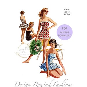 Instant Download PDF Vintage 1950s Bombshell BATHING SUIT Pattern Ruffle  Skirt Swimsuit Playsuit Romper 31 Bust Womens Sewing Patterns Repro 
