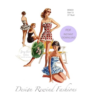 Instant Download PDF Vintage 1950s Bombshell BATHING SUIT Pattern Ruffle  Skirt Swimsuit Playsuit Romper 31 Bust Womens Sewing Patterns Repro 