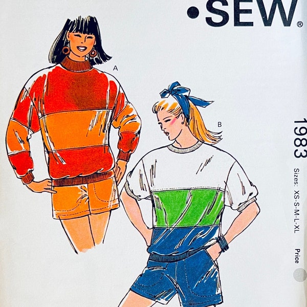 Vintage Kwik Sew 1983 Kleur Blok Sweatshirt Top & Shorts Pull-On Shorts Maat XS-S-M-L-XL Buste 31.5 - 45 UNCUT Womens Naaipatronen