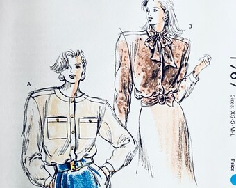 Vintage 1980s Kwik Sew 1767 Pussy Bow Blouse Sewing Pattern, Front Button Shirt Top UNCUT Womens Sewing Patterns Size XS SM Med Large