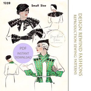 Puede incluir: Un patrón de costura vintage para una blusa de mujer con un cuello grande y una bufanda. El patrón es de Design Rewind Fashions y es para una talla pequeña. El patrón está etiquetado como 1328.