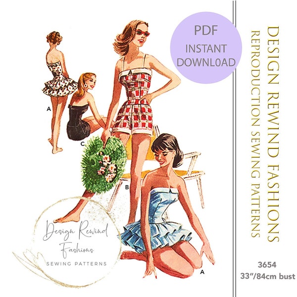 Instant Download PDF Vintage 1950s Bombshell BATHING SUIT Pattern Ruffle Skirt Swimsuit Playsuit Romper 33 Bust Womens Sewing Patterns Repro