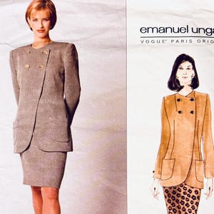 May include: Vogue Patterns sewing pattern featuring designs by Emanuel Ungaro. The pattern includes a skirt suit and a jacket with a double-breasted design. The cover shows illustrations of the finished garments, with the Vogue Patterns logo at the bottom.