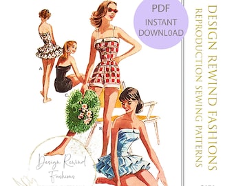 Instant Download PDF Vintage 1950s Bombshell BATHING SUIT Pattern Ruffle Skirt Swimsuit Playsuit Romper 33 Bust Womens Sewing Patterns Repro
