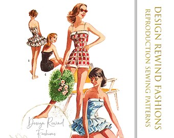 1950s Bombshell BATHING SUIT PATTERN Vintage Ruffle Skirt Swimsuit Playsuit Romper 33" Bust Womens Sewing Patterns Reproduction McCalls 3654