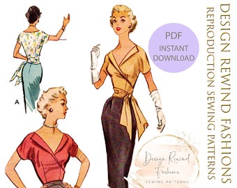 PDF 1950s Vintage Sewing Pattern 50s Sexy Faux Wrap Cocktail Blouse Top Shirt 30" Bust Womens Sewing Patterns Repro 9551 Instant Download