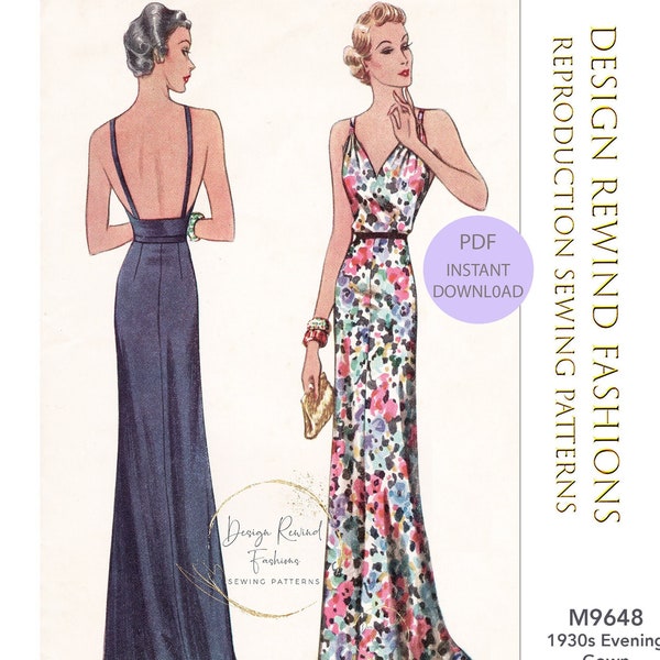 Téléchargement instantané PDF vintage des années 1930 dos nu robe de soirée robe formelle mariage robe de mariée 32 buste 32b femmes reproduction de patrons de couture