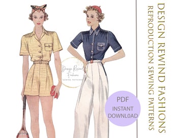 Téléchargement instantané vintage des années 1930 Slacks Pants Shorts & Shirt Pattern 30s Wide Leg Pants 36" Bust 36b Womens Sewing Patterns Reproduction PDF