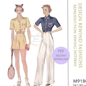 Instant Download Vintage 1930s Slacks Pants Shorts & Shirt Pattern 30s Wide Leg Pants 36&quot; Bust 36b Womens Sewing Patterns Reproduction PDF
