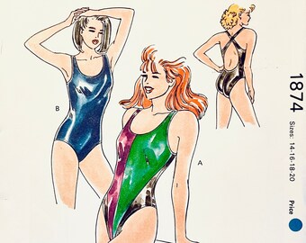 May include: A sewing pattern for a swimsuit with three different styles. The pattern is for sizes 14-16-18-20. The pattern is from Kwik Sew Pattern Co. Inc. and is designed by Kerstin Martensson.