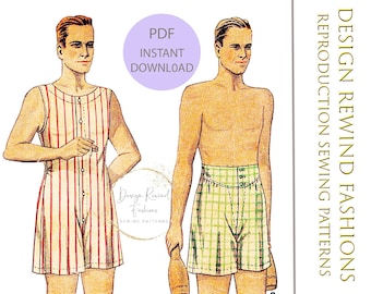 INSTANT DOWNLOAD 1930s Vintage Sewing Pattern 30s Classic Union Suit & Boxer Shorts 34" Chest Size 34 Men's Sewing Patterns Reproduction PDF