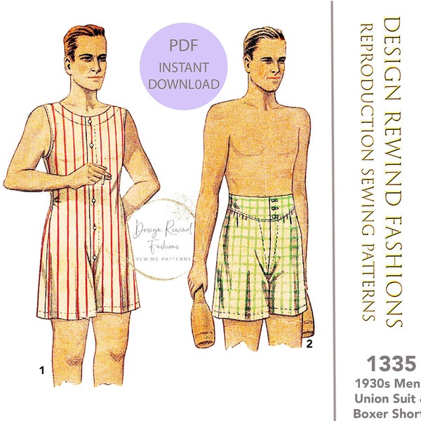 INSTANT DOWNLOAD 1930s Vintage Sewing Pattern 30s Classic Union Suit & Boxer Shorts 34" Chest Size 34 Men's Sewing Patterns Reproduction PDF