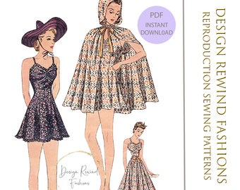 Instant Download 1930s 30s Vintage Bathing Suit Pattern Swimsuit 34 Bust Playsuit Hooded Cape Skirt Womens Sewing Patterns Reproduction PDF