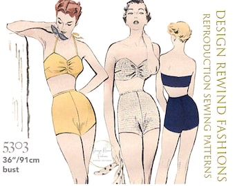 1950s BATHING SUIT PATTERN 50s Vintage Bikini Swimsuit 36 Bust Womens Sewing Patterns Reproduction Repro