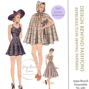 Op de afbeelding: Een vintage naaipatroon voor een strandensemble uit de jaren 1930. Het patroon omvat een jurk, een cape en een hoed. Het patroon is voor een borstomvang van 86 cm. Het patroon is beschikbaar als een directe PDF-download. Design Rewind Fashions. Nr. 3087.