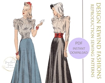 INSTANT DOWNLOAD 1940s Evening Blouse with Hood & 4 Gore Skirt Vintage Hooded Blouse 36 Bust Womens Sewing Patterns Reproduction Repro PDF