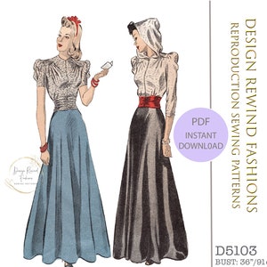 May include: Vintage sewing pattern for a 1940s style dress with a fitted bodice and a full skirt. The pattern is for a bust size of 36 inches or 91 centimeters. The pattern is available as a PDF instant download.