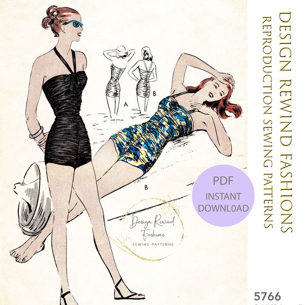 INSTANT DOWNLOAD 1950s 50s Vintage Swimsuit Pattern 34 Bust Shirred One-Piece Bathing Suit Womens Sewing Patterns Reproduction Repro PDF