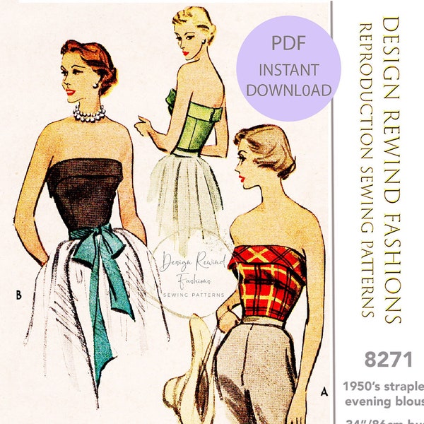 INSTANT DOWNLOAD 1950s 50s Vintage Sewing Pattern Strapless & Fitted Blouse Top with Cuff 34" Bust PDF Reproduction Sewing Patterns M8271