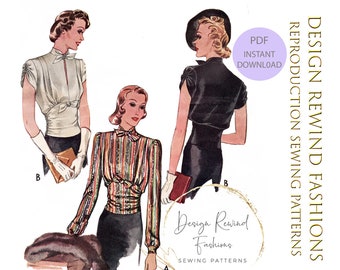 Download immediato in formato PDF, modello vintage anni '30, camicetta da sera aderente, da cocktail, da giorno, con busto da 30", riproduzione di modelli di cucito da donna