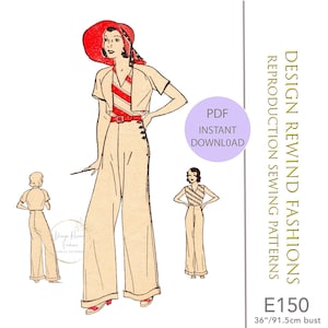 Instant Download PDF Vintage 1930s Easy Sew High Waist Pants w/ Side Buttons, Eton Jacket & Top 36&quot; Bust Womens Sewing Patterns Reproduction