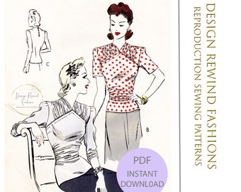INSTANT DOWNLOAD PDF Vintage 1930s 40s ruched waist evening blouse pattern Easy to Make Tops 32" Bust 32b Sewing Patterns Reproduction Repro