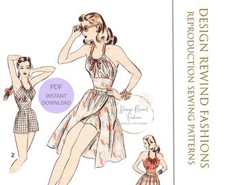 Vintage 1940s Playsuit Pattern  Halter Bra Top 40s Shorts & Wrap Skirt 32 Bust 32b Womens Sewing Patterns DIGITAL DOWNLOAD PDF Reproduction