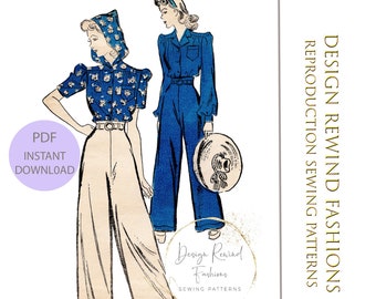 Instant Download Vintage 1940s High Waist Pants & Hooded Blouse Sewing Pattern High Waisted Wide-Leg Pants 34 Bust 37 Hip Reproduction PDF