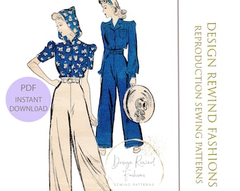 Instant Download Vintage 1940s High Waist Pants & Hooded Blouse Sewing Pattern High Waisted Wide-Leg Pants 34 Bust 37 Hip Reproduction PDF