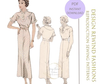 INSTANT DOWNLOAD 1930s Vintage Sewing Pattern 30s Dress with Ruffle Collar 38 Bust Vintage Womens Sewing Patterns PDF Reproduction