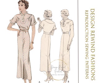 1930s Vintage Sewing Pattern 30s Sweet Dress with Ruffle Collar Sewing Pattern 38 Bust Vintage Womens Sewing Patterns Reproduction