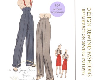 Instant Download PDF Vintage 1940s High Waist Slacks Pants Sewing Pattern 40s Peddle Pushers 32" Waist Womens Sewing Patterns Reproduction