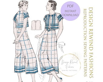 Instant Download 1930s Vintage Sewing Pattern 30s Eton Jacket & Pants Trousers Slacks Capris Pattern 36 Bust Easy to Sew Reproduction PDF