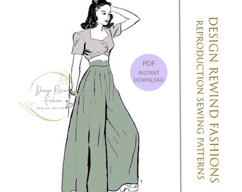 Vintage 1930s 1940s High Waist Palazzo Wide Leg Pants & Crop Top Bra Top Sewing Pattern 30 Bust 33 Hip INSTANT DOWNLOAD PDF Reproduction