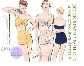 Patrón de bikini de dos piezas estilo años 50 para descarga instantánea. Traje de baño de playa de los años 50. Talla 32 de busto. Patrones de costura para mujer. Reproducción en PDF.