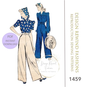 Instant Download Vintage 1940s High Waist Pants & Hooded Blouse Sewing Pattern High Waisted Wide-Leg Pants 34 Bust 37 Hip Reproduction PDF