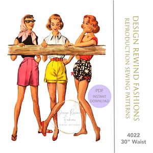 1950s Shorts Sewing Pattern Vintage Shorts Pattern 3 Styles Waist 30 Inches Womens Sewing Patterns Reproduction Instant Download PDF M4022
