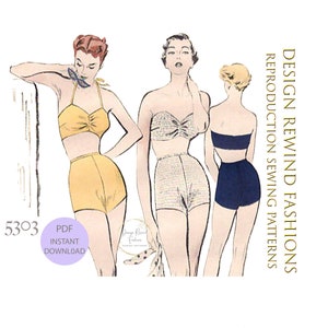 May include: Three vintage swimsuit patterns for women. The patterns are for a yellow, a white and a blue swimsuit. The patterns are from Design Rewind Fashions Reproduction Sewing Patterns. The pattern number is 5303. The text "PDF Instant Download" is on a purple circle.