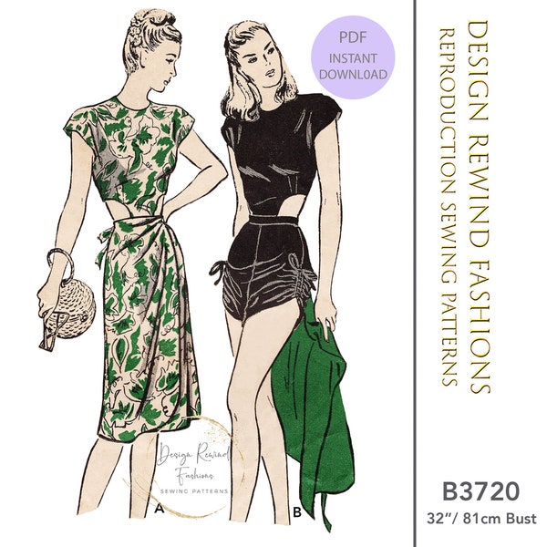 Instant Download PDF Vintage 1940s PLAYSUIT PATTERN 40s Shorts Bathing Suit & Wrap Skirt 32 Bust Womens Sewing Patterns Reproduction Repro