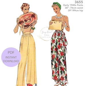 May include: A sewing pattern for early 1940s pants. The pattern includes two different styles, one with a wide-leg silhouette and the other with a wrap-style design. The pattern is available as a PDF instant download. The pattern is for a 30 inch waist and 39 inch hip.
