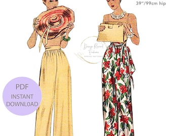 Instant Download Vintage 1940s High Waist Wide Leg Trouser Pants Sewing Pattern with Sash Belt 40s Easy Sew Pants 30" Waist PDF Reproduction