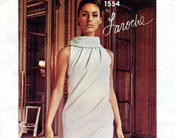 Suknia koktajlowa/wieczorowa z lat 60. XX wieku, model Vogue 1554, oryginalny wykrój krawiecki – Laroche Vogue Paris Original – biust 32 / rozmiar 12, bez rozcięcia