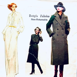 May include: A vintage sewing pattern featuring three women modeling different outfits. The pattern is for a long white dress, a green dress, and a long gray coat. The pattern is from Christian Dior and Vogue Paris.