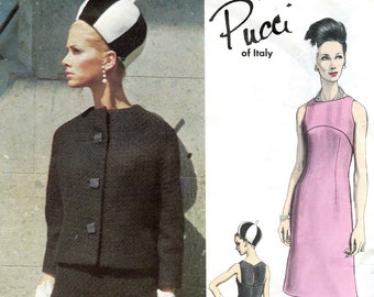 1960s VOGUE 1418 JACKET & DRESS Pattern Mod One-Piece Sleeveless Dress Pucci Vogue Paris Original 32 Bust Size 12 Womens Sewing Patterns