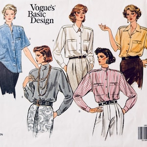 Könnte beinhalten: Das Schnittmuster Vogue's Basic Design 1813 zeigt Illustrationen von Damenhemden. Die Hemden sind in verschiedenen Farben erhältlich, darunter Blau, Weiß, Gelb, Grau und Rosa mit vertikalen Streifen. Das Schnittmuster enthält die Größen 8-10-12.